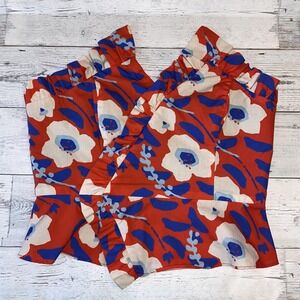 Hutch Top Womens 6 Red Blue Floral Anthropologie Strapless Ruffle Hem Lined